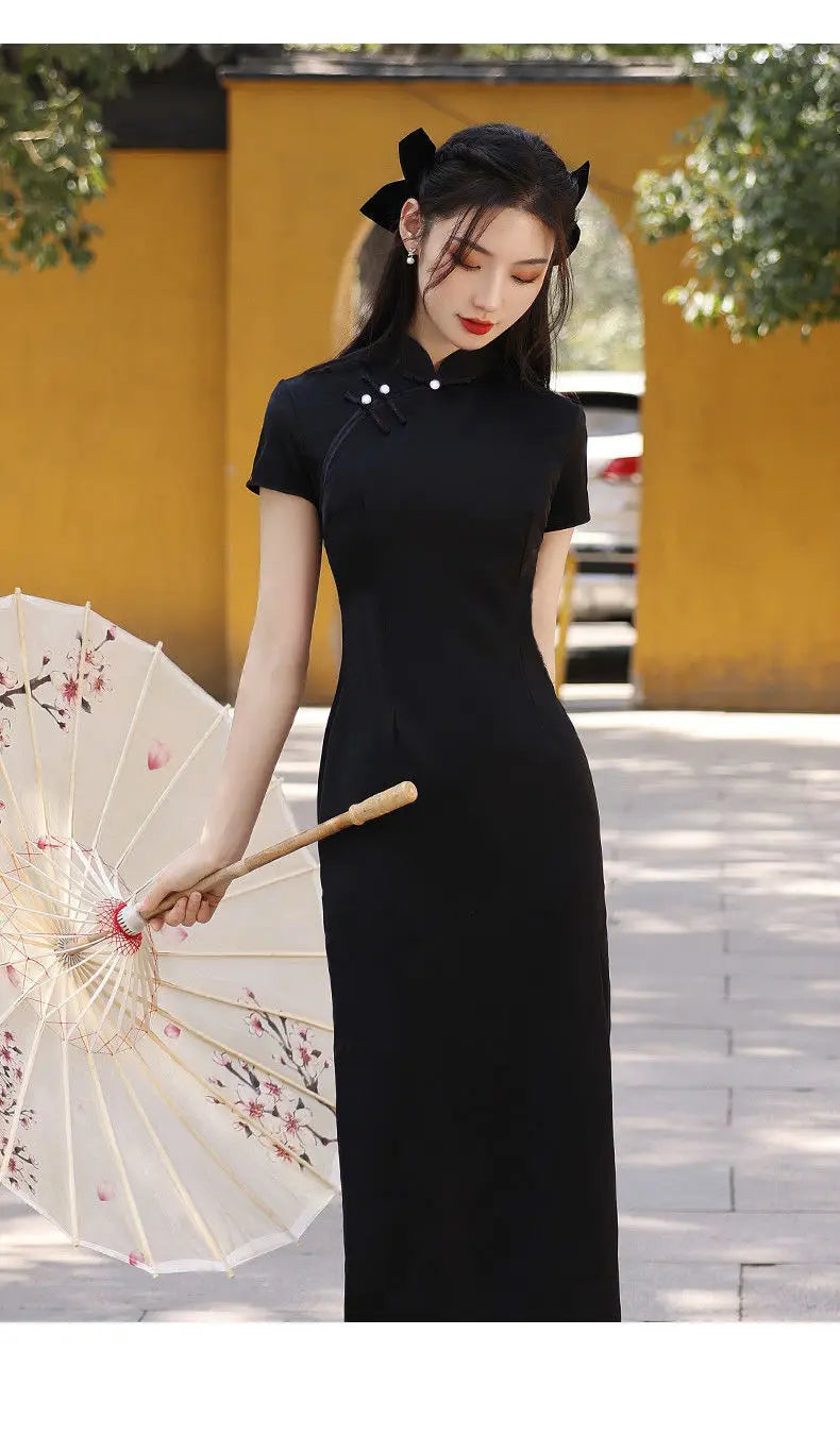 Chinese Dress Qipao Modern Women Black Slim Long Cheongsam Traditional Harajuku Hanfu Robe Orientale Vintage Vestido Mujer - Seprincess