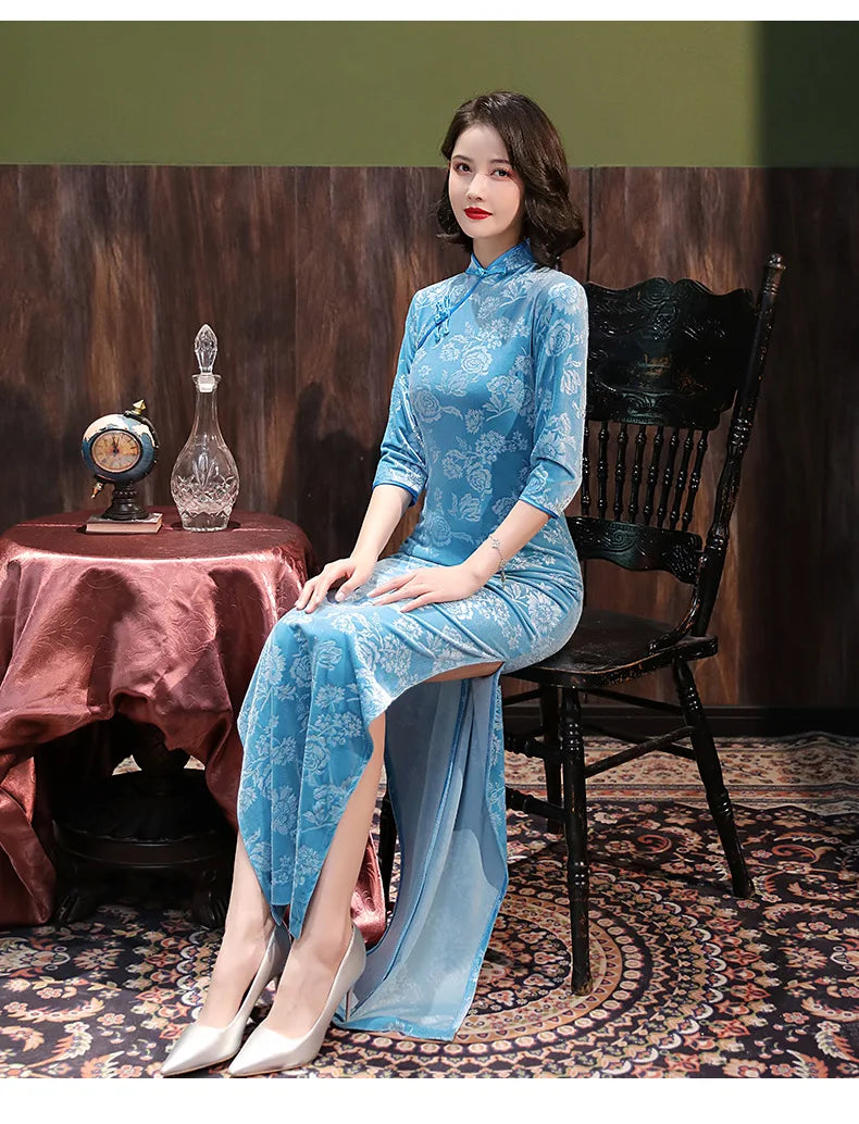 Blue White Porcelain Qipao Elegant Female Cheongsams Sexy Split Chinese Style Dress Summer Satin Vestidos Plus Size 4Xl 5Xl - Seprincess