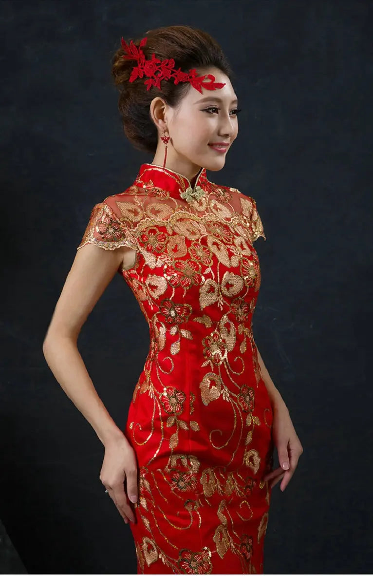 Red Chinese Wedding Dress Female Long Short Sleeve Cheongsam Gold Slim Chinese Traditional Dress Women Qipao for Wedding Party - Seprincess