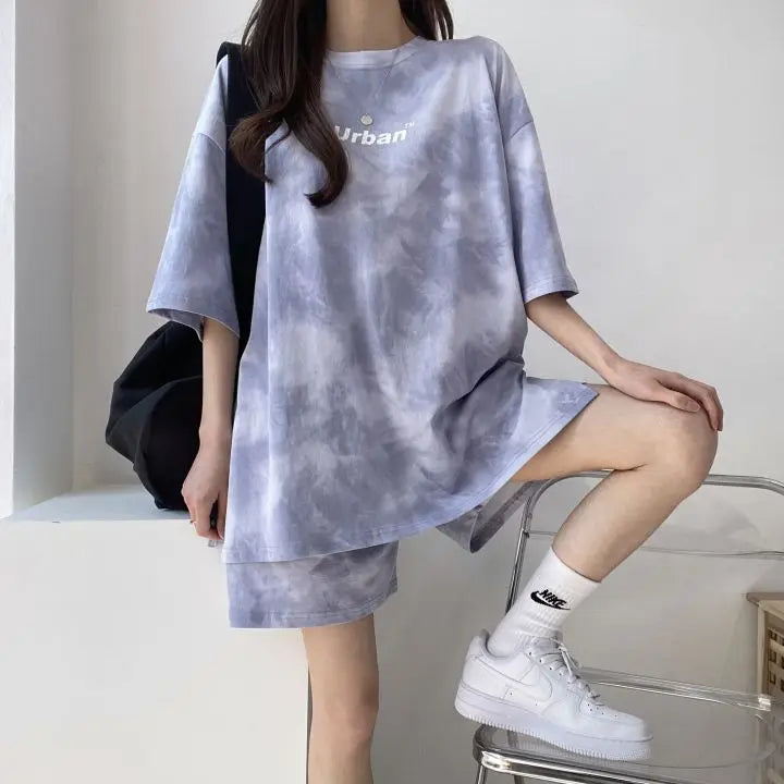 Women T-Shirt Shorts Suit Set Casual Tie Dye Loose tshirt and wide leg middle shorts with pockets female Soft Summer Shorts Sets - Seprincess