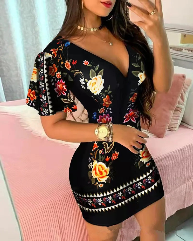 Summer Elegant Floral Print Bodycon Mini Dress Women 2024 Fashion Sexy Deep V-neck Package Hip Dresess Office Lady Party Dress - Seprincess