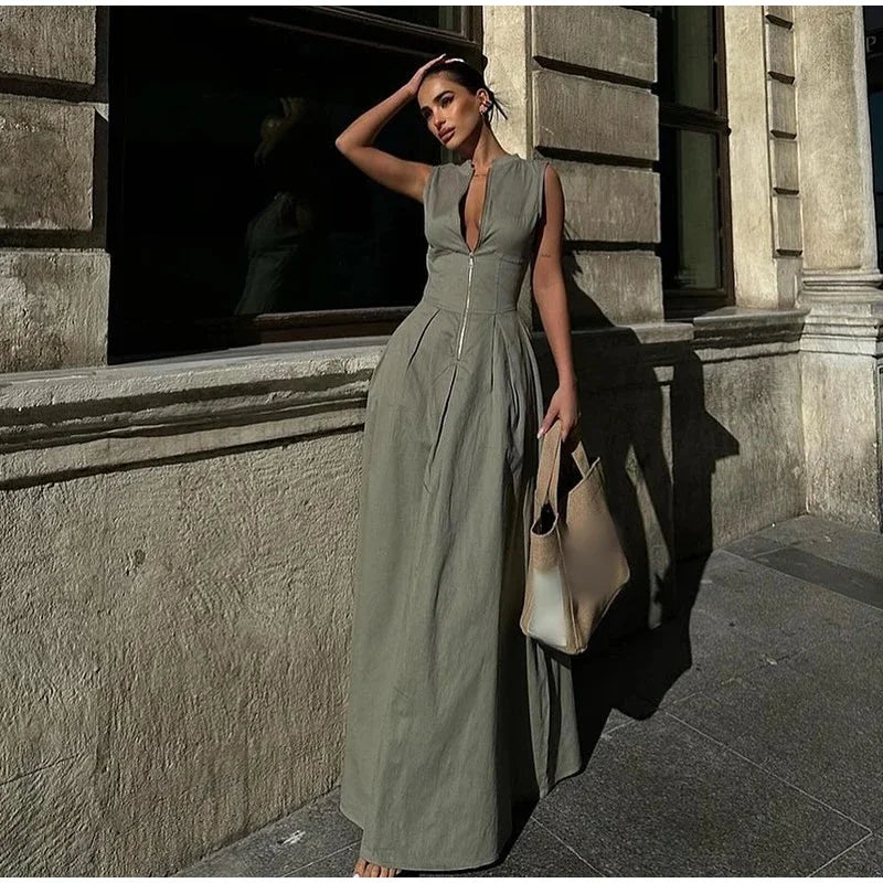 Fashion Sleeveless Spliced Zipper Maxi Dress Elegant V-neck High Waist Slim Pleated Long Dresses Summer Office Lady Street Robes - Seprincess