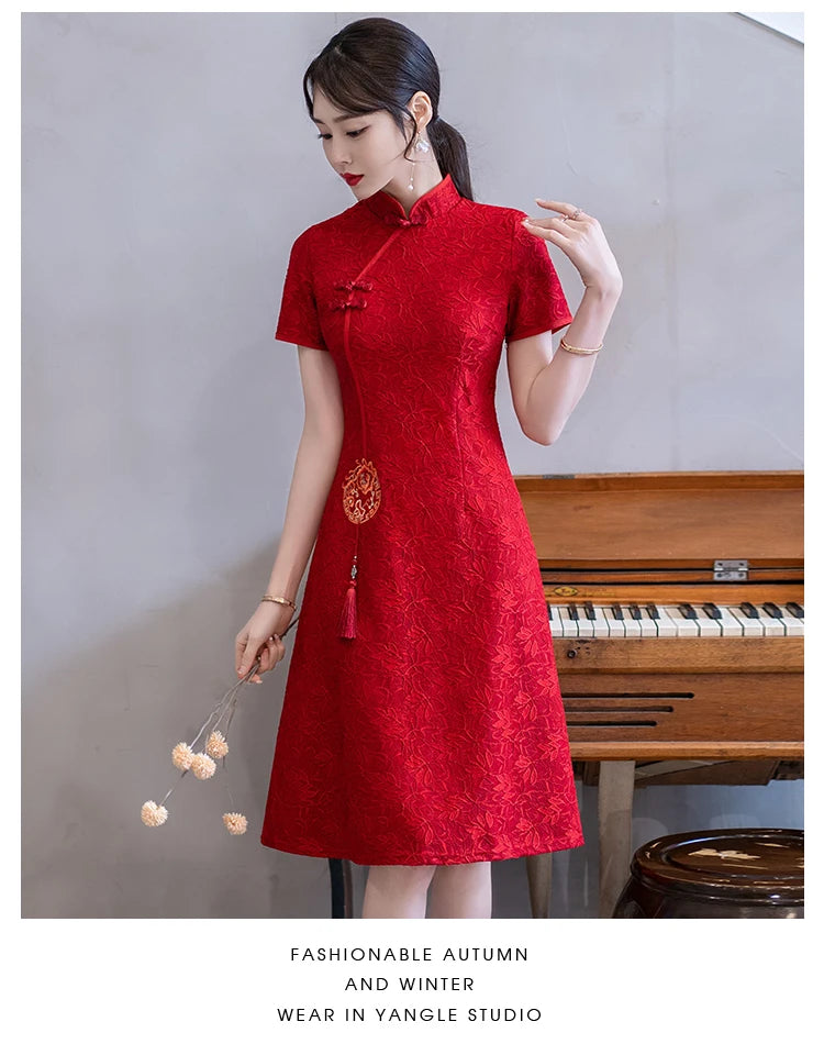 Chinese Traditional Retro Red Modern Improved Cheongsam Summer New Short Sleeve Engagement Qipao Dress - Seprincess