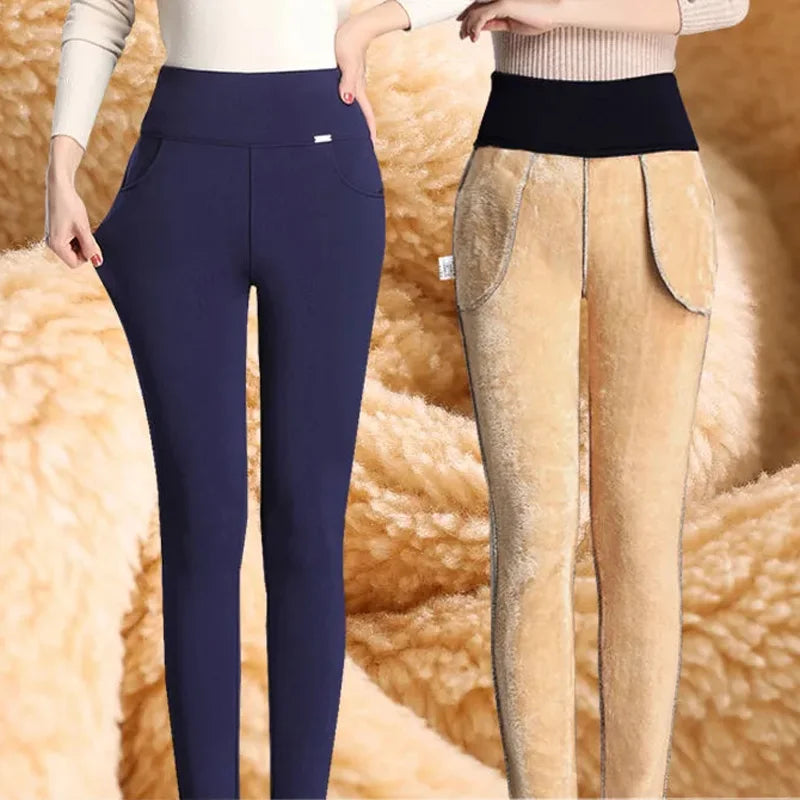 Super Warm Winter Pencil Pants Women Big Size 6xl Thicken Fleece Lined Slim Pantalones High Waist Office Lambwool Fluff Leggings