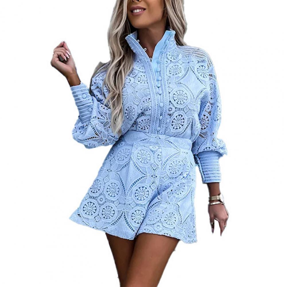 2Pcs/Set Women Outfit Blouse Long Sleeve Single Breasted High Waist Embroidery Hollow Lace Shirt Wide Leg Women Shorts Set