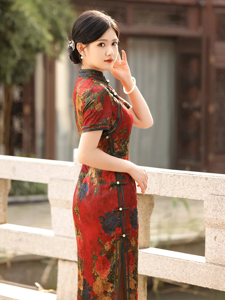 2024 New Women Vintage Dress Cheongsam Handmade Button Floral Dresses Chinese Style Summer Autumn Long Qipao M To 4XL - Seprincess