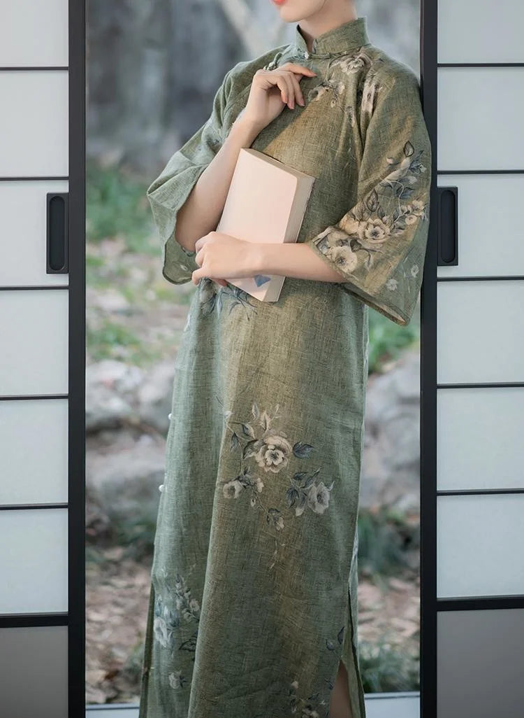 Retro Chinese Style Hanfu 2024 Spring And Summer New Linen Print Middle Sleeve Loose Cheongsam Thin Long Dress - Seprincess