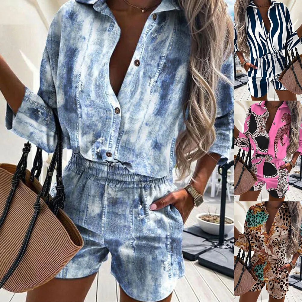 Casual Two Piece Sets Womens Outfits 2023 Spring Leopard Print Button Shirt Top And Shorts 2 Piece Set Summer Beach Shorts Women - Seprincess