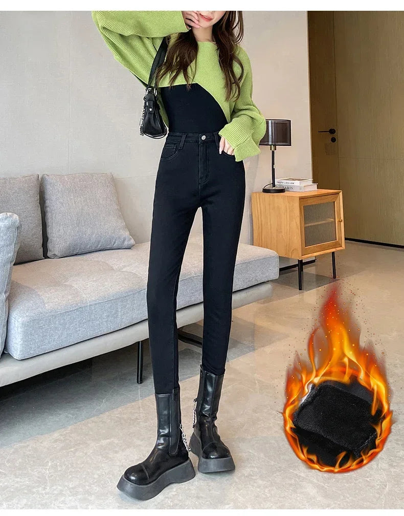 Skinny Women's Warm Jeans Winter Thicken Fleece Stretch High Waist Pencil Pants Fashion Korean Black Blue Gray Velvet