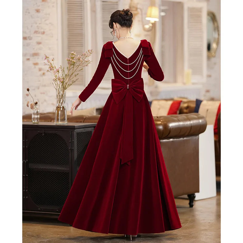 Burgundy Velvet Evening Dress Elegant Beaded Square Collar Engagement Dresses Temperament Bow Long Sleeve Formal Banquet Gown - Seprincess