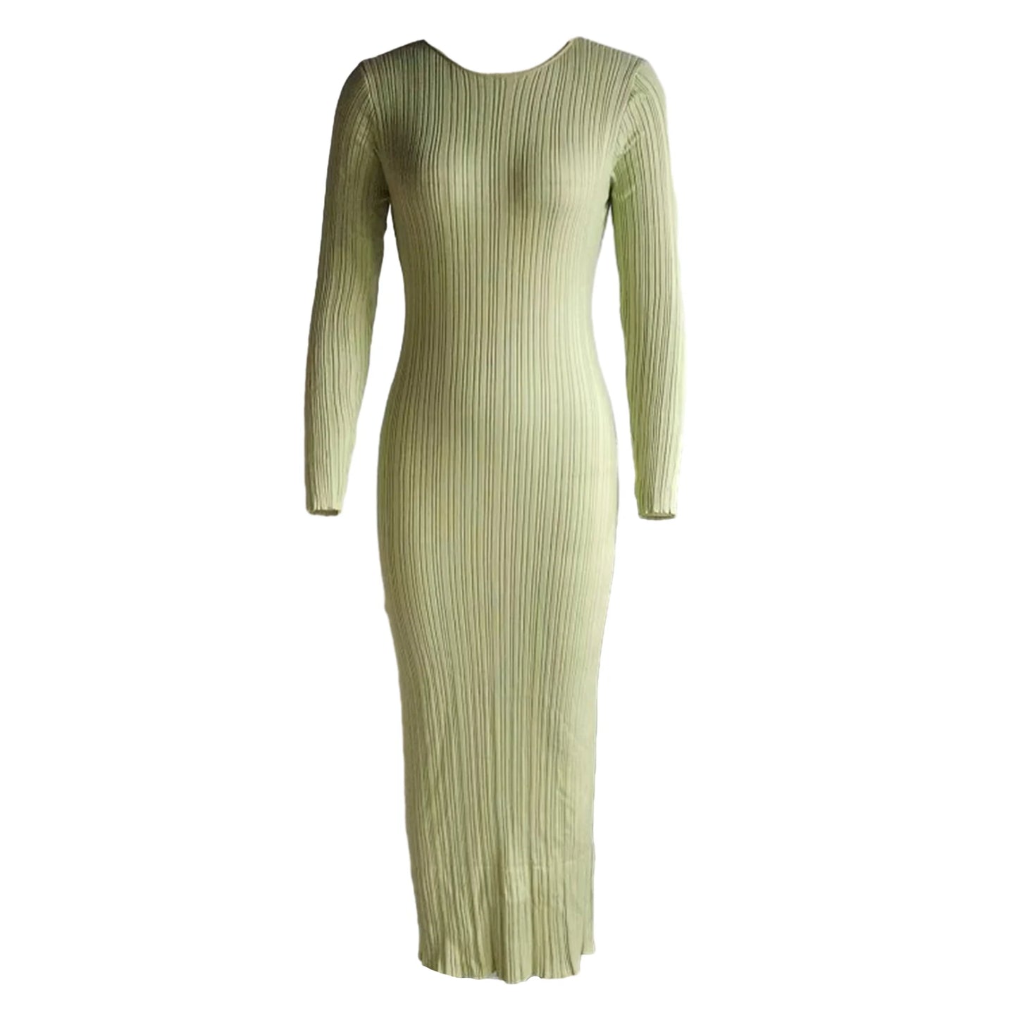 Women Spring Autumn Solid Color Bodycon Knit Dress Long Sleeve Crew Neck Ribbed Dress Slim Fit Long Dress - Seprincess