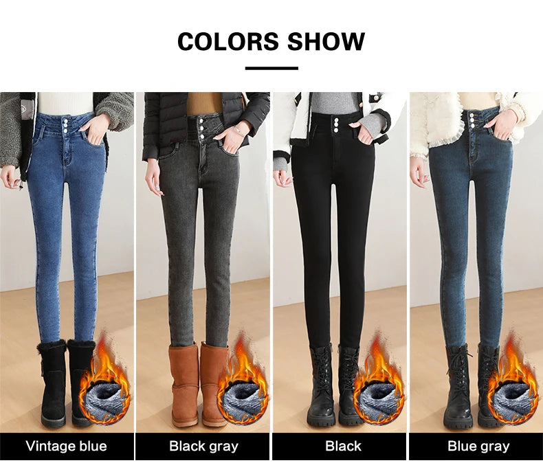 Black Fleece Warm Women Winter Jeans Thickened High Waist Multi-button Skinny Stretch Denim Pants Fashion Korean Female Trousers