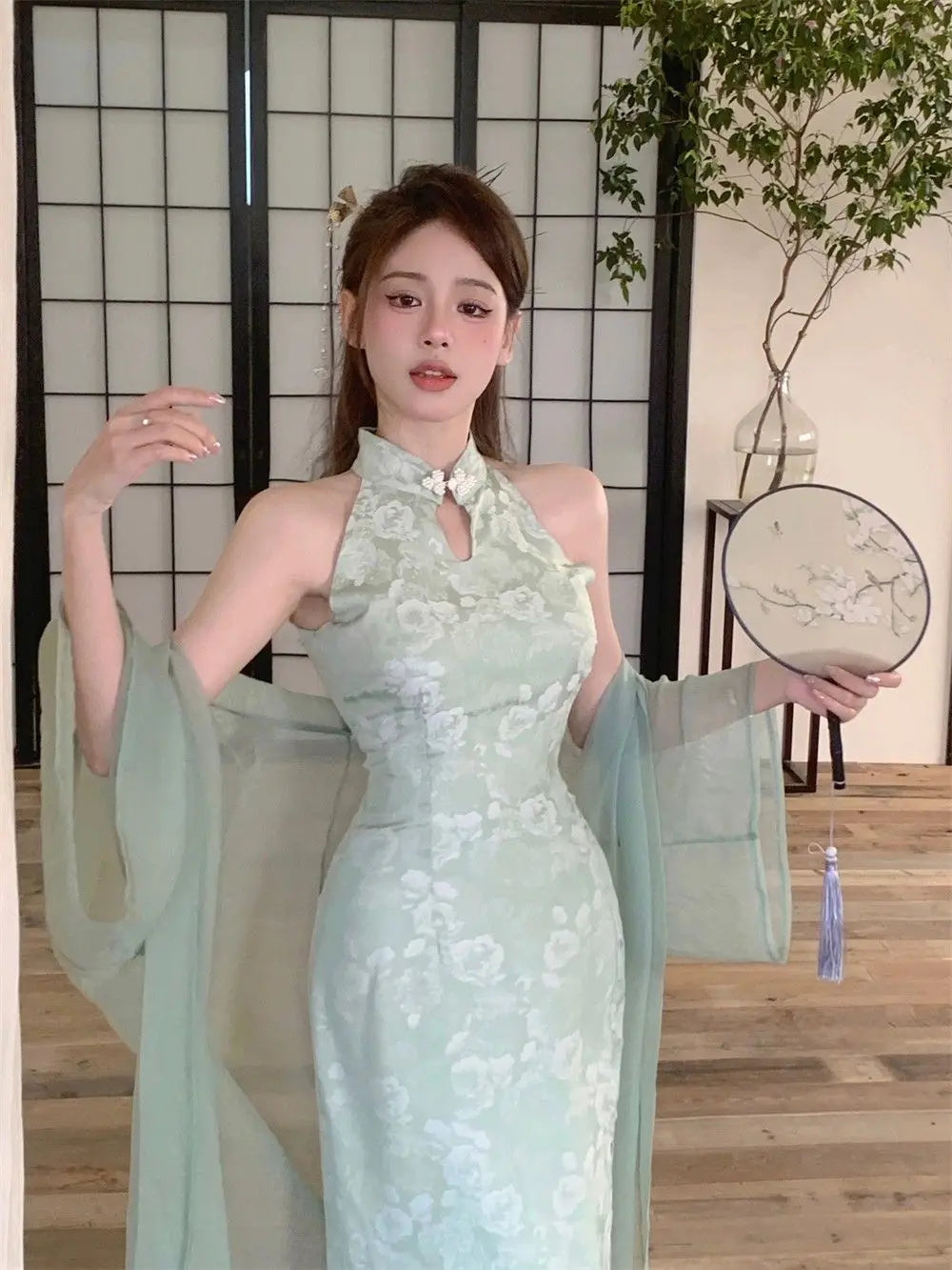 Women New Cheongsam Style Improved Qipao Dress Children's Summer Small Long Print Hanging Neck Off Shoulder Dress - Seprincess