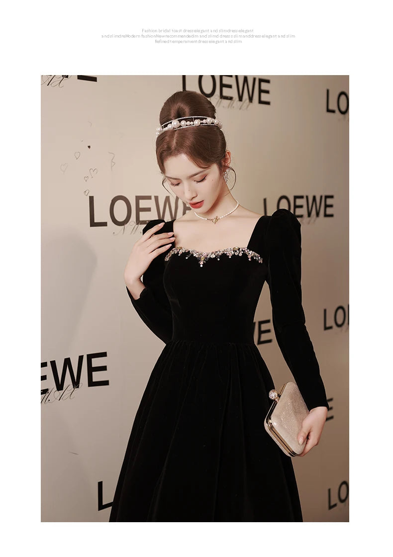 Black new light luxury small temperament banquet velvet long-sleeved dress - Seprincess