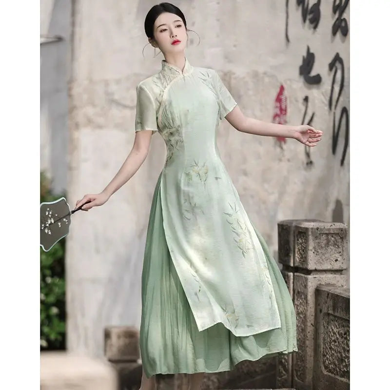 Retro Chinese Style Short Sleeve Qipao Two-piece Set Women New Chinese Style Green Improved Cheongsam Summer Long Dresses - Seprincess