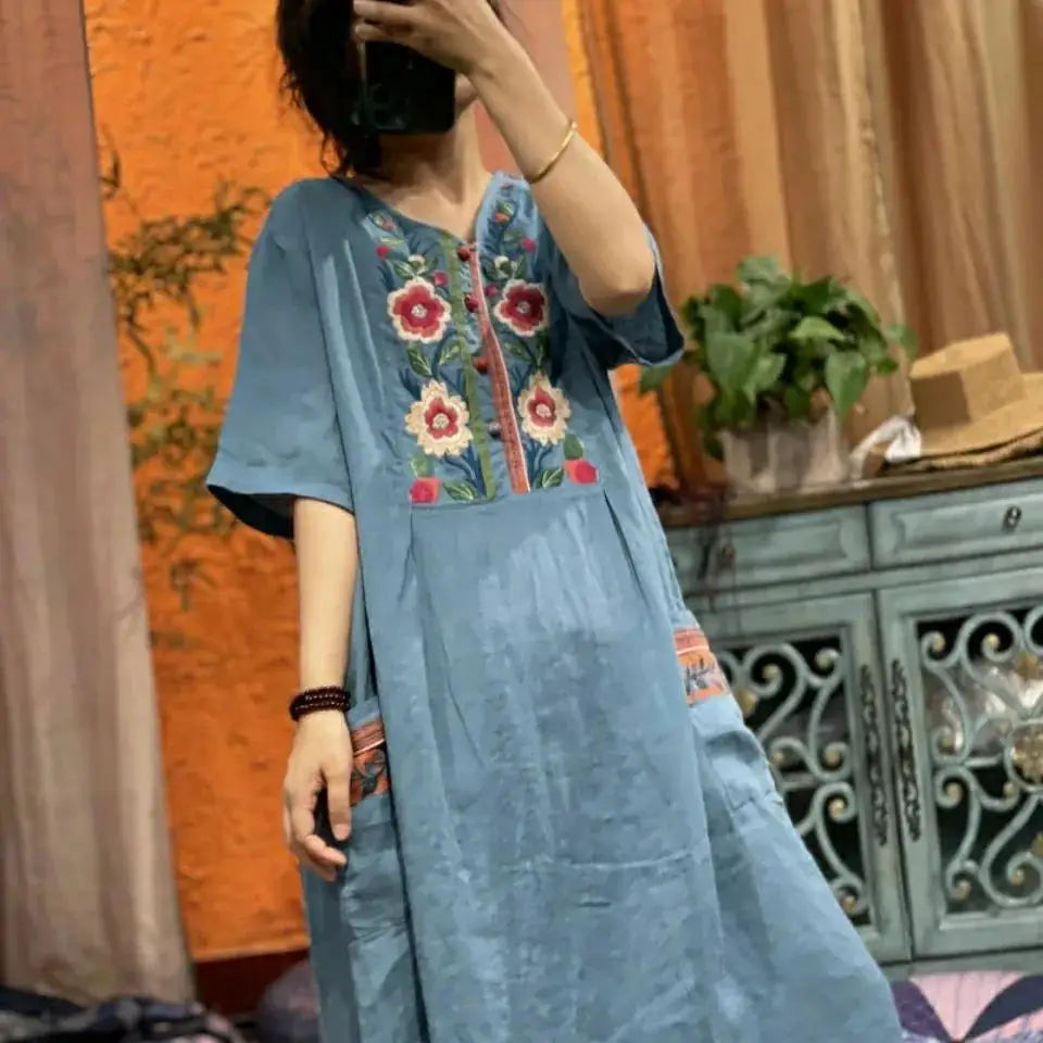 2023 Chinese national style linen embroidery v-neck button up skirt loose vintage dress women loose dress cheongsam dress pd - Seprincess