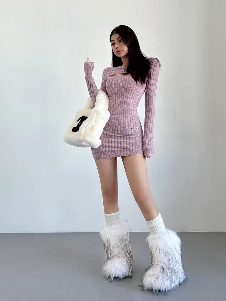 WOMENGAGA Chest Zipper Knitted Dress Elegant Women's 2024 Spring Slim Long Sleeve Wrapped Hip Mini Dress Sweater Tops 2024 D0DO