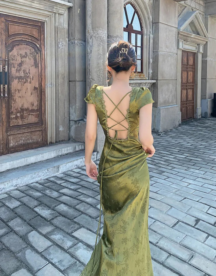 2024 Elegant Women's V-Neck Backless Satin Jacquard Long Dress Chic Turquoise Green Slim Fit Sexy Evening Gown for Party Events - Seprincess