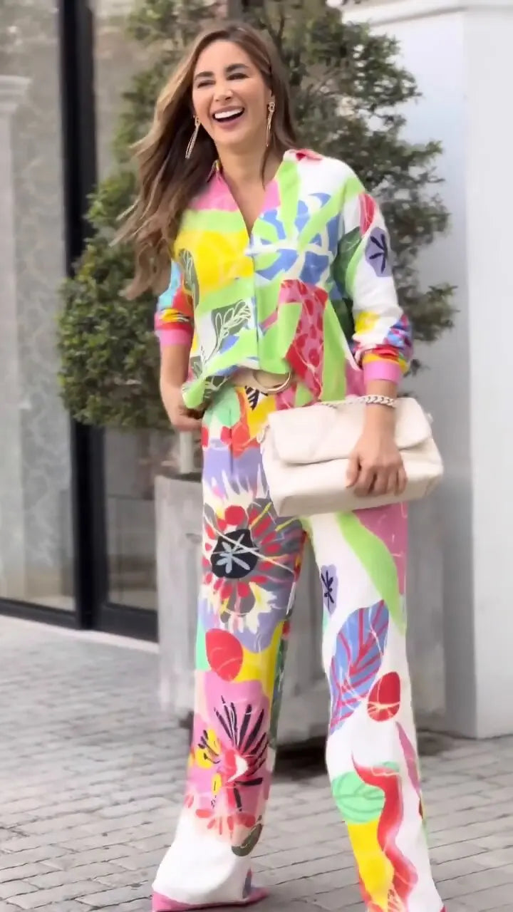 Fashion Color Print Two Piece Set Women Trendy Loose Long Sleeve Shirts Wide Legs Trousers 2 Piece Set Female  Commuting Suits - Seprincess