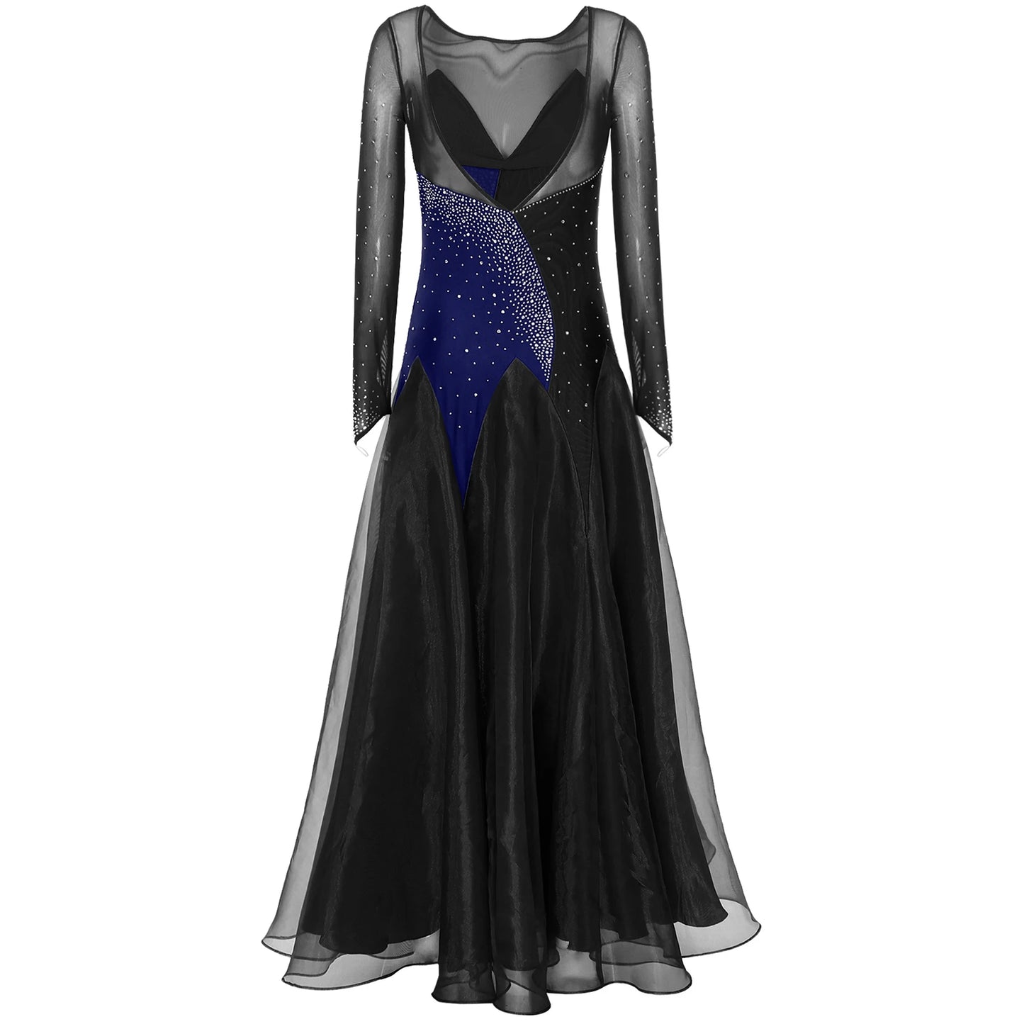 Womens Sheer Mesh Ballroom Dance Dresses Long Sleeve Shiny Rhinestones Dress for Lyrical Waltz Cha-Cha Performance Competition - Seprincess