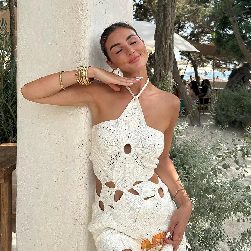 Beach Flower Hollow Out Dress Women White Halter Sleeveless Backless Long Dresses Female 2024 Summer Fashion Lady Vestidos - Seprincess