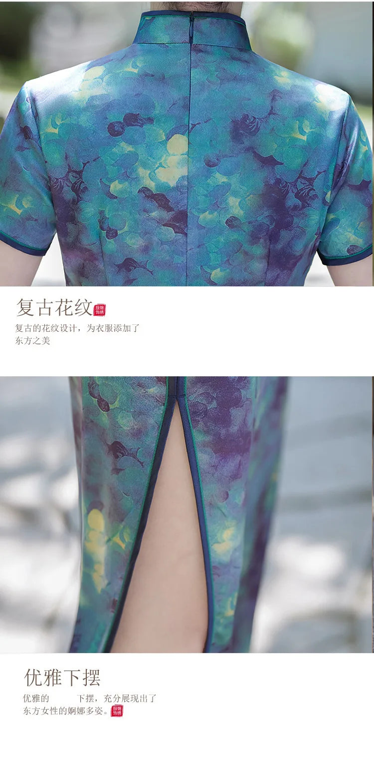 2024 Summer Autumn New Cheongsams Blue Flower Print Qipao Oriental Vintage Classical Vestidos Women's Satin Qipao Chinese Dress