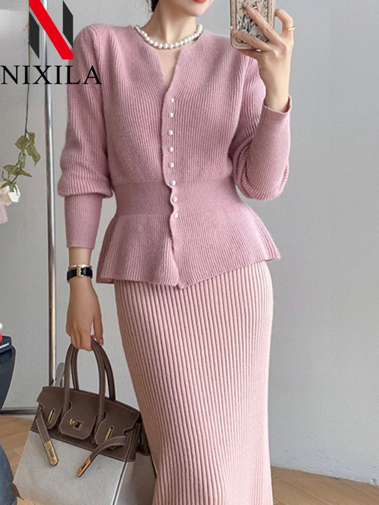 New Autumn Winter Dress Two Piece Sets Womens Outifits Korean Fashion Elegant Women's Cardigan Long Skirt Sets Female Clothing - Seprincess