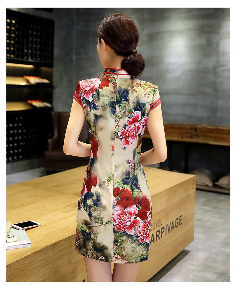 Traditional Chinese Dress Vintage Cheongsam Sexy Short Qipao Print Flower Women Rayon Dresses Classical Vintage Button Vestidos - Seprincess