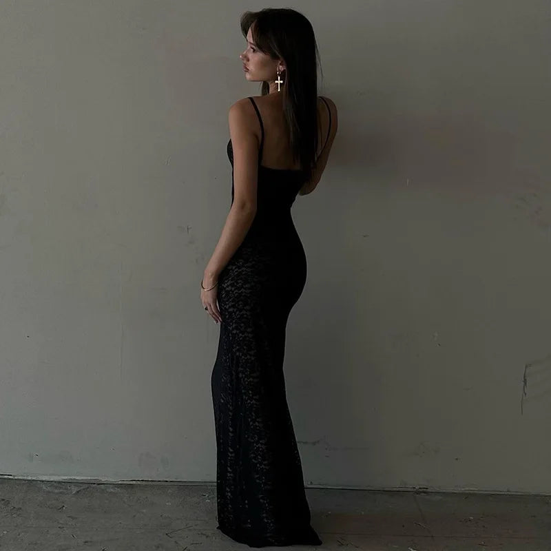 Tossy Lace Hollow Out Backless Maxi Dress Slim V-Neck See-Through High Street Summer Elegant Party Dress Fashion Slim Dress 2023 - Seprincess