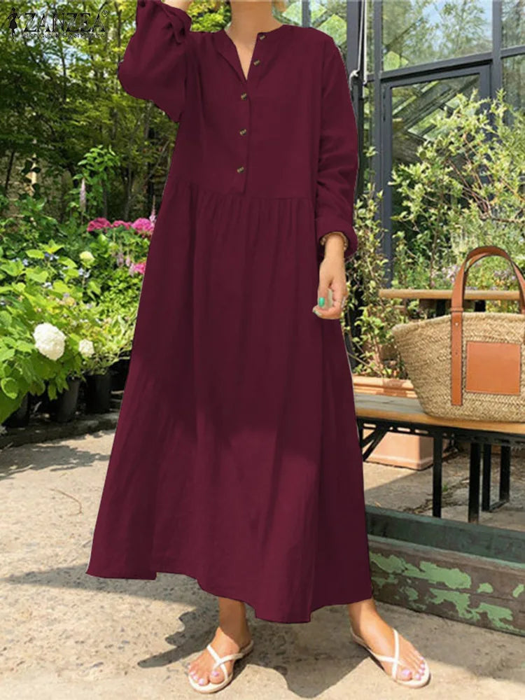 Women's Elegant Solid Cotton Robe Femme 2022 Spring Autumn Bohemian Maxi Dress ZANZEA Casual Long Sleeve Shirt Dresses Oversized - Seprincess