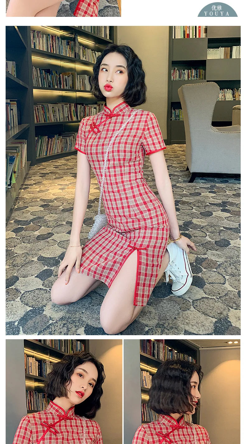 Summer Stripe Vintage Patterns Cotton Qipao Plaid Dress Cheongsam Qipao Chinese Dress Modern 2024 Improved Cheongsam Retro Dress - Seprincess