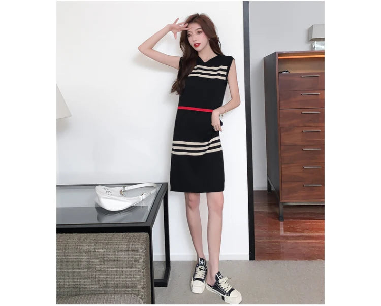 YUQI Basic Striped Knitted Dress Summer Casual Loose Hooded Sleeveless Knee-Length Dresses for Women 2024 Elegant Sweet Vestidos - Seprincess