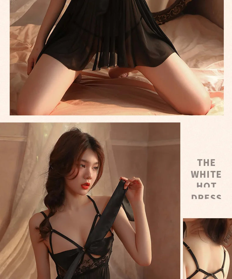 Sexy Babydolls Bow knot mesh perspective strap suspender Sex shop xxx 18 fancy women underwear open crotch sexi women's outfit - Seprincess