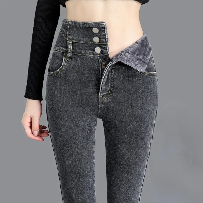 Winter Women Thick Velvet High Waist Skinny Jeans Simple Warm Fleece Slim Fit Stretch Trousers Casual Ladies Denim Pencil Pants