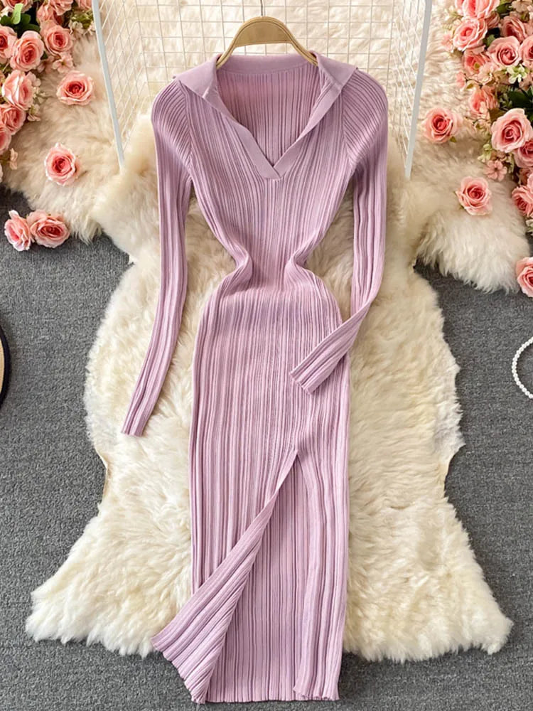 Women Korean Knitted Dress Long Sleeve V Neck Elastic Slim Pencil Dresses 2024 Autumn Sexy Bodycon Split Sweater Dress - Seprincess