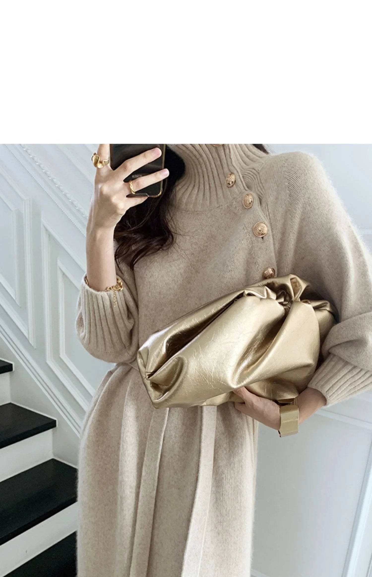 Winter Turtleneck Buttons Women Knitted Dress Elegant Full Sleeve Lace-up Female Thicken Long Dress for Sweater Autumn New - Seprincess