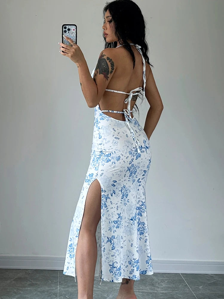 Dulzura Lace Up Halter Floral Long Dress For Women Backless Bodycon Midi Dress Sexy Party Club Outfit Streetwear Sundress Summer