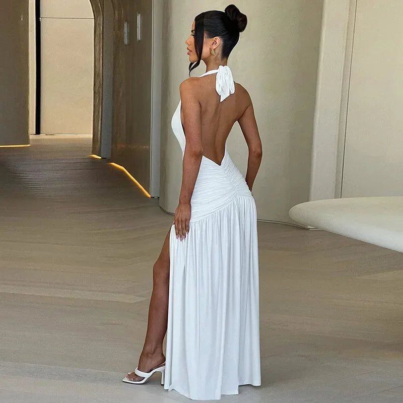 Women's Summer Deep V-neck High Waist Folds Long Dress Halter Neck Bandage Backless Tunics Split White Party Evening Dresses - Seprincess