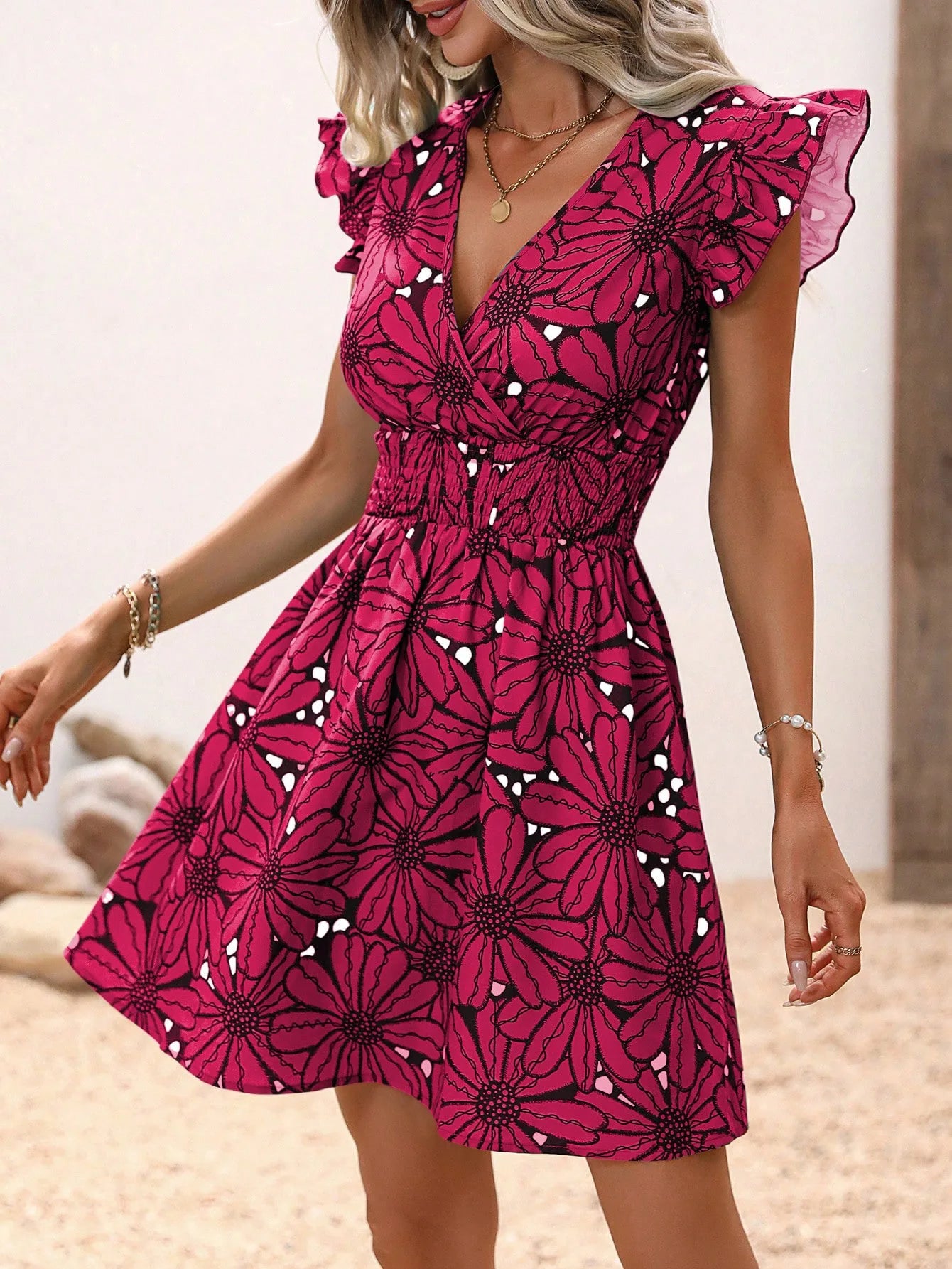 Chic Flower Print Vest A-Line Dress Women Summer V-Neck Mini Skirt Elegant Vacation Dresses - Seprincess