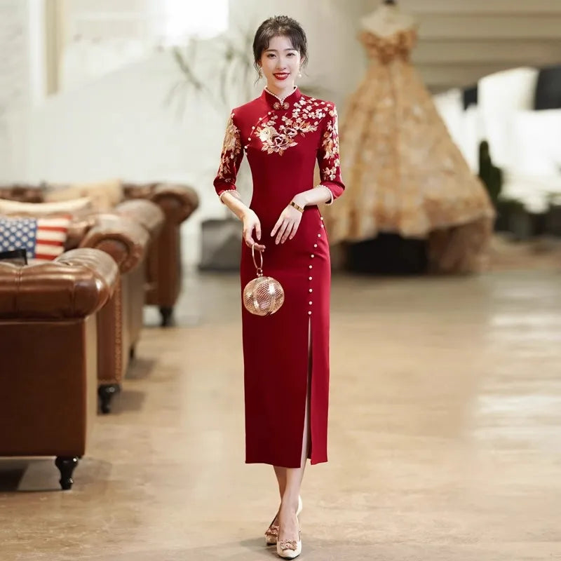 Burgundy Wedding Cheongsam Engagement Dress New Chinese Qipao Toast Clothes Retro Mandarin Collar Improved Sexy Slit Slim Dress - Seprincess