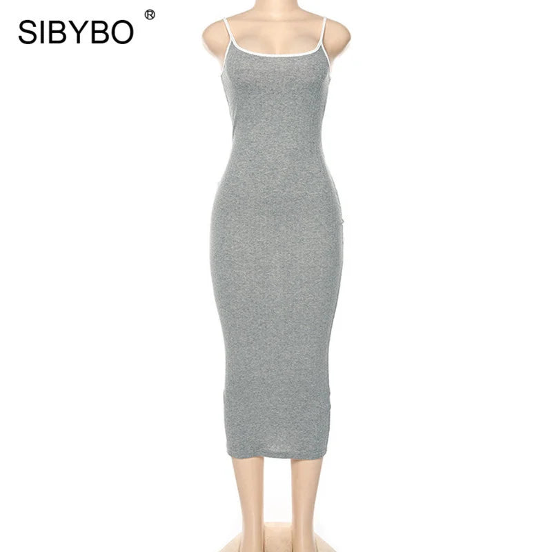 SIBYBO Ribbed Spaghetti Strap Cotton Dress Women Sleeveless O-Neck Summer Dress Solid Backless Long Party Dress - Seprincess