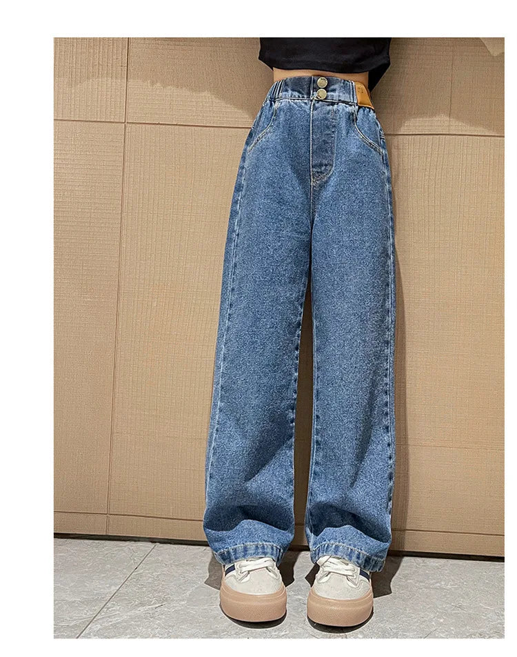 Teenage Jeans for Girls 2024 Spring Summer Casual All-match Loose Kids Leg Wide Pants School Children Trousers 4-16 Years