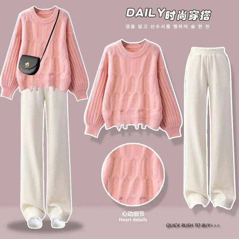 Korean Version 2024 Autumn New Female Student Set Women's Knitted Sweater Apricot Wide Leg Pants Women's Two Piece Setwomen Pant - Seprincess