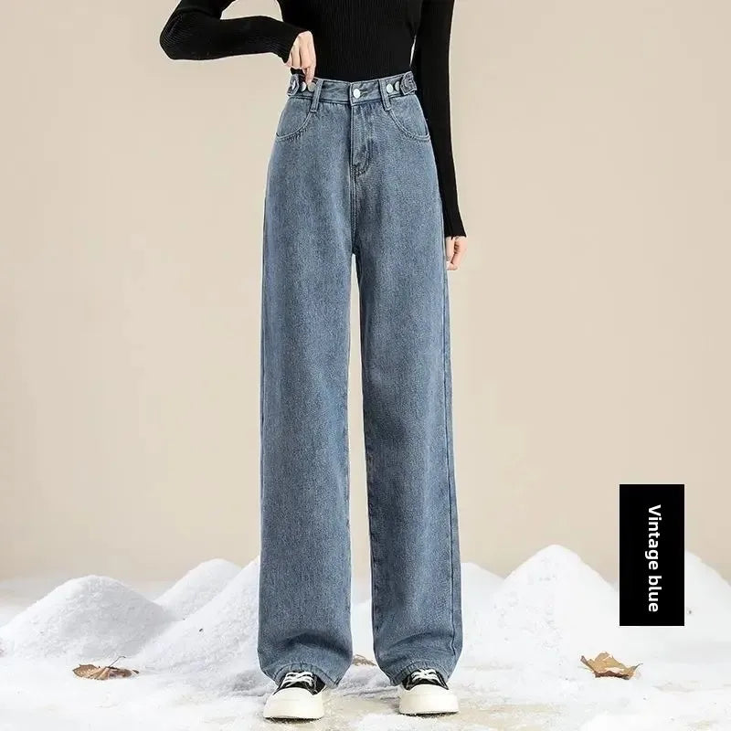 Thickened Fleece-lined High-waisted Jeans Women's Winter 2024 New Style Loose Fit Bell Bottoms Warm Outer Wear For Students