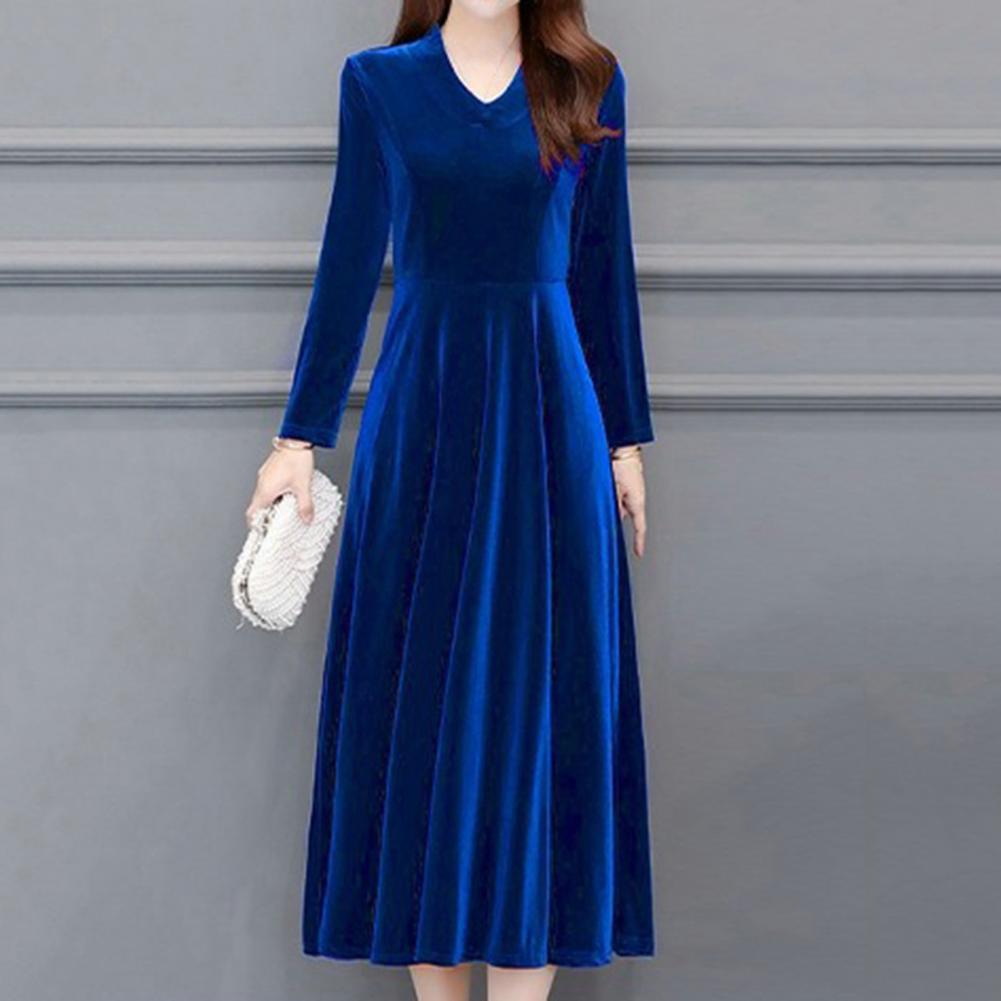 Velvet Vintage Women Maxi Dress OL Style Oversize Round Neck Long Sleeves Evening Dress 	Slim Fit Pleated Bodycon Prom Dress - Seprincess