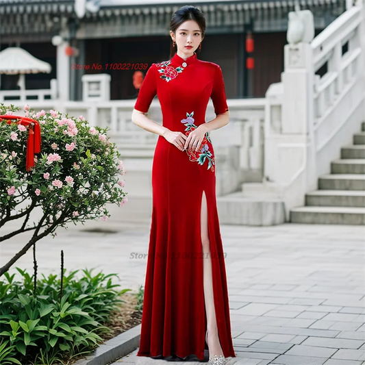 2024 chinese vintage qipao velvet dress mandarin collar improved cheongsam flower embroidery evening banquet qipao folk dress - Seprincess