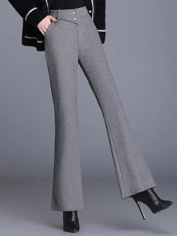 Winter Warm Slim Velvet Lined Flare Pants Women Elastic High Waist Thicken Woolen Wide Leg Pantalones Casual Wool Blend Calca