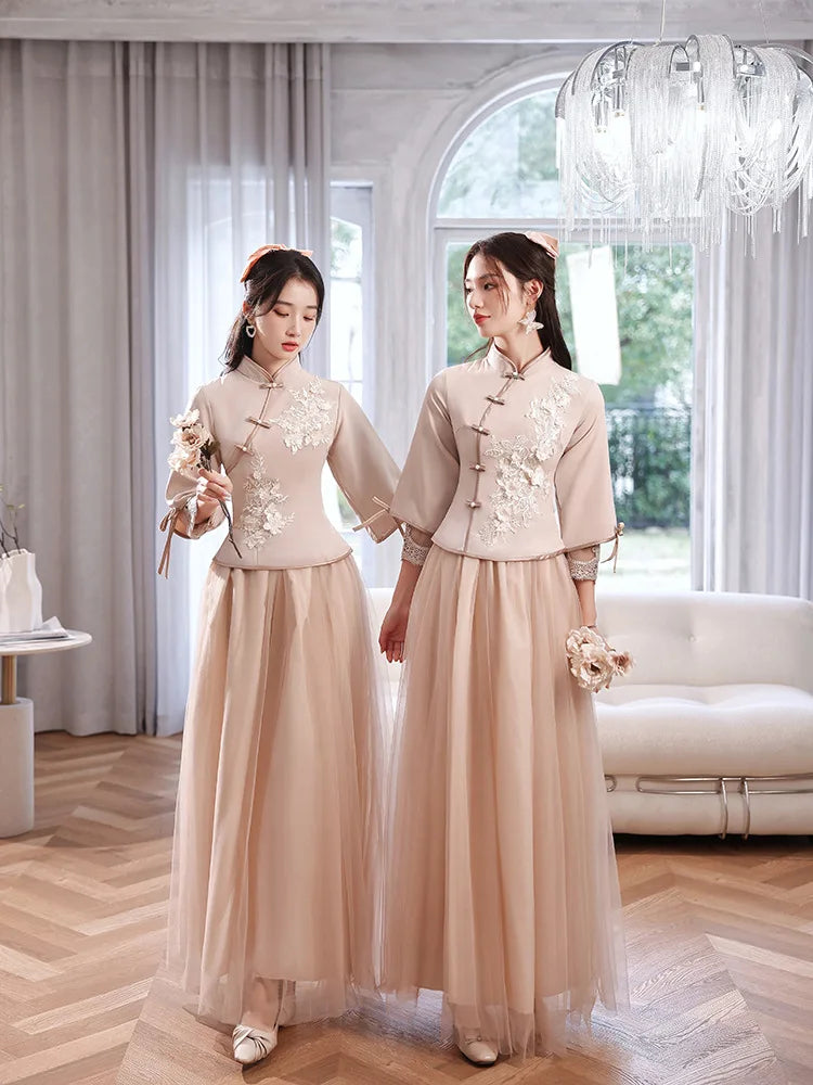 Chinese Wedding Dresses Qipao Traditional Bridesmaid Elegant Khaki Pink Cheongsam Modern Three Quarter Sleeves Outfits for Girls - Seprincess