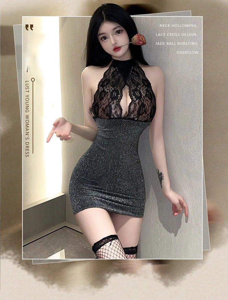 Hot Dress Lace lace hanging neck revealing breast deep V-wrap hip skirt Elegant evening dress woman Woman clothing Youth dresses - Seprincess