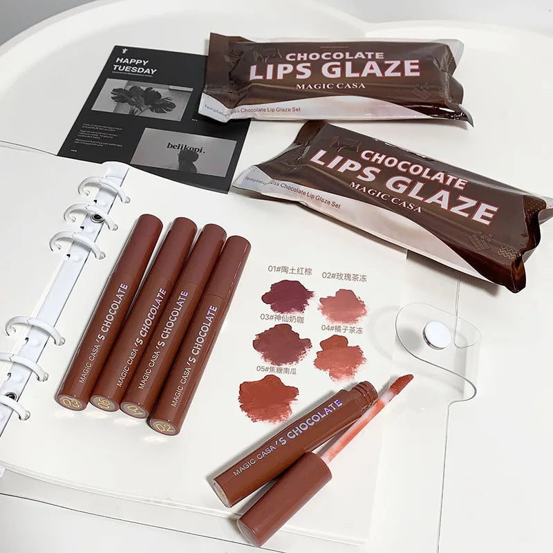 Chocolate Lip Glaze Set Velvet Matte Not Fade Long lasting Rich Cream Lipstick Milk Coffee Lip Color Women Makeup Lip Tint - Seprincess